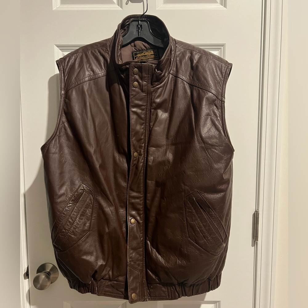 Eddie Bauer Dark Brown Leather Vest with Goose Down